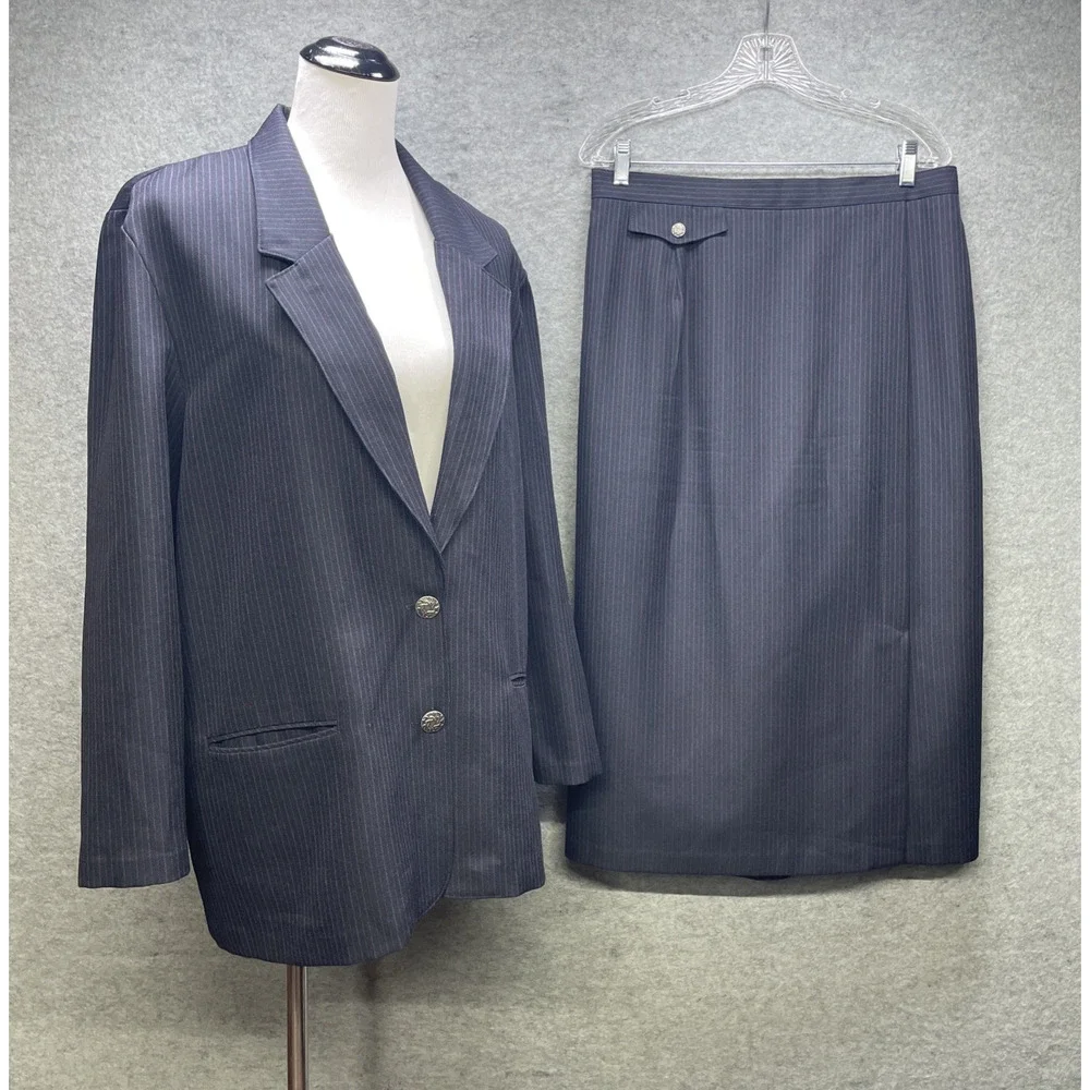 Alfred Dunner Womens 2 Piece Skirt Suit Sz 16W Navy Pinstripe USA Vintage Career